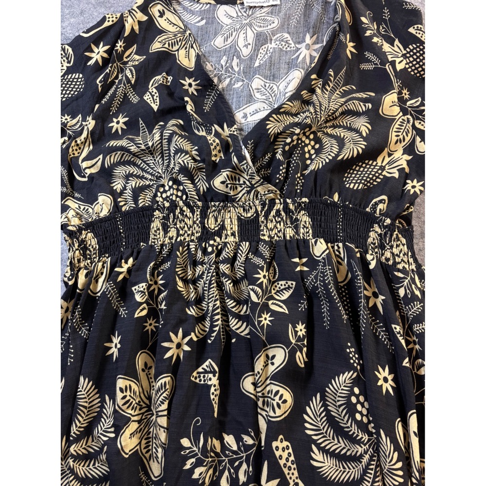Rusttydustty Womens 4X Tropical Palm Print Smocked Waist Maxi Dress Black Yellow - Picture 6 of 10